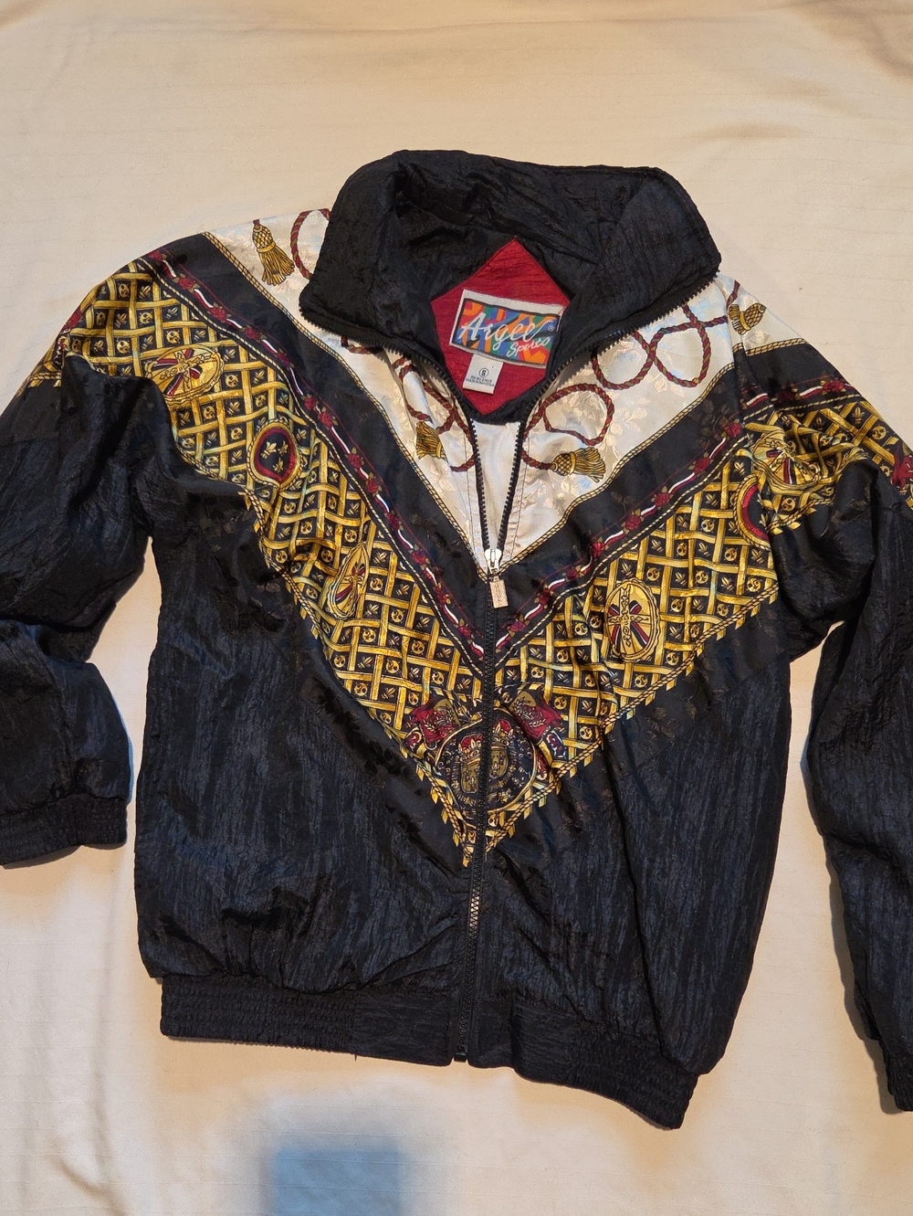 Versace Like Bomber Jacket with Gold & Cream Baroque Print Sz S